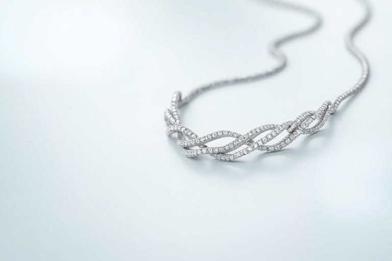 Elegant diamond necklace with a swirling design, inspired by ocean waves