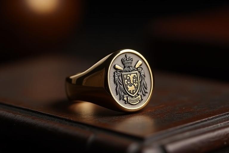 Custom-designed men's signet ring with a unique family crest engraving