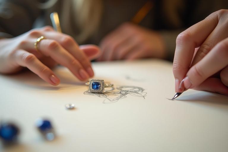 Close-up of a designer's hands sketching a jewelry piece.
