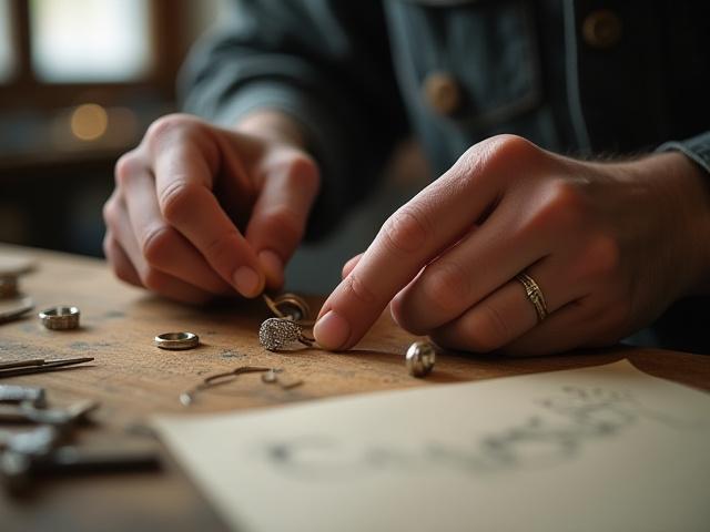 A skilled jeweler's hands meticulously working on a custom ring design, with various tools and sketches on a wooden workbench in a well-lit workshop.
