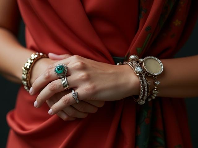 A finely dressed person's hand adorned with multiple elegant rings and bracelets, subtly styling them with a silk scarf, against a soft, blurred background.