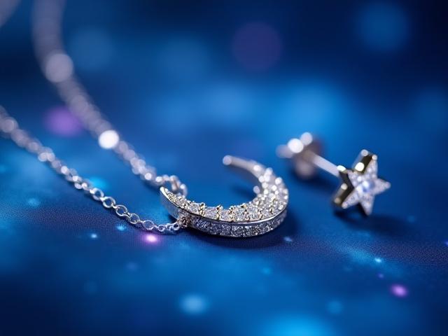 Celestial-themed jewelry with star and moon motifs, delicate diamonds