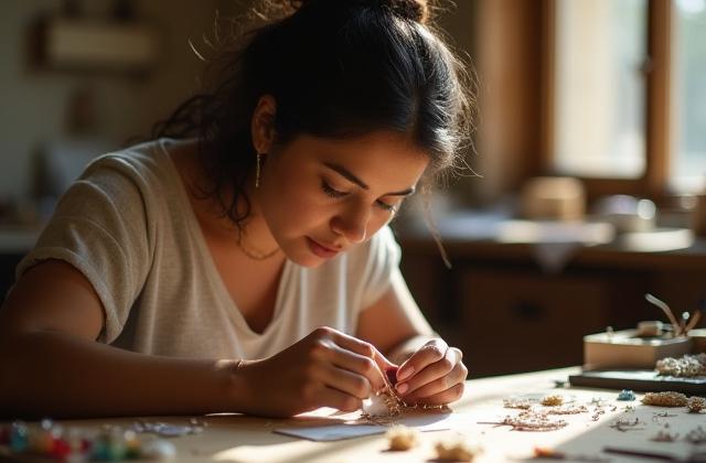 Anya Sharma, the founder and lead designer, meticulously working on a piece of jewelry in a sunlit workshop, surrounded by tools and sketches.