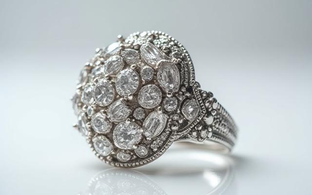 After restoration, the antique ring shines with polished metal and expertly replaced gemstones.