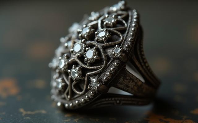 Before restoration of an antique ring with tarnished metal and missing stones.